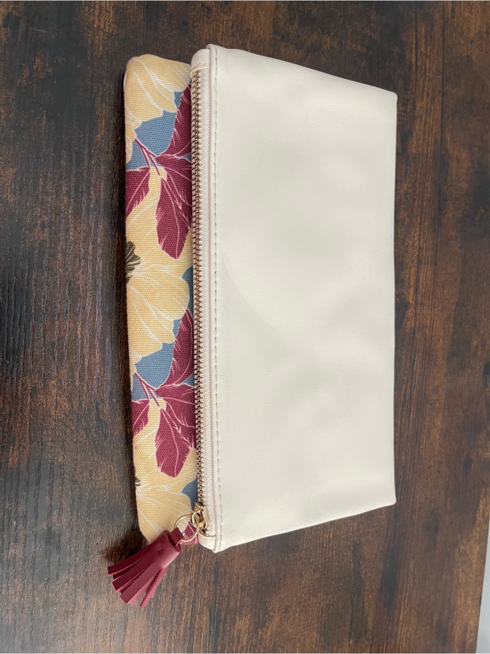Rachel Pally Cream Clutch with Floral Panel and Maroon Tassel